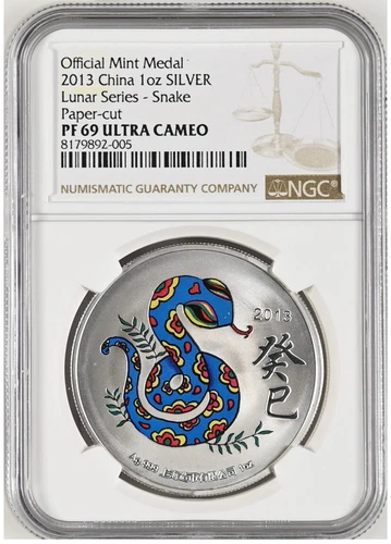 NGC PF69 2013 China Lunar Snake Silver medal 1oz color Paper cut year of snake