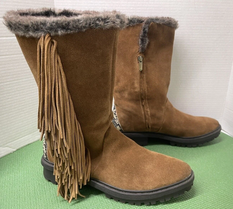 Bota SAM EDELMAN Sale Tilden Franja Couro Marrom Camurça Pele de Cobra Tamanho. 11 - Imagem 3 de 4