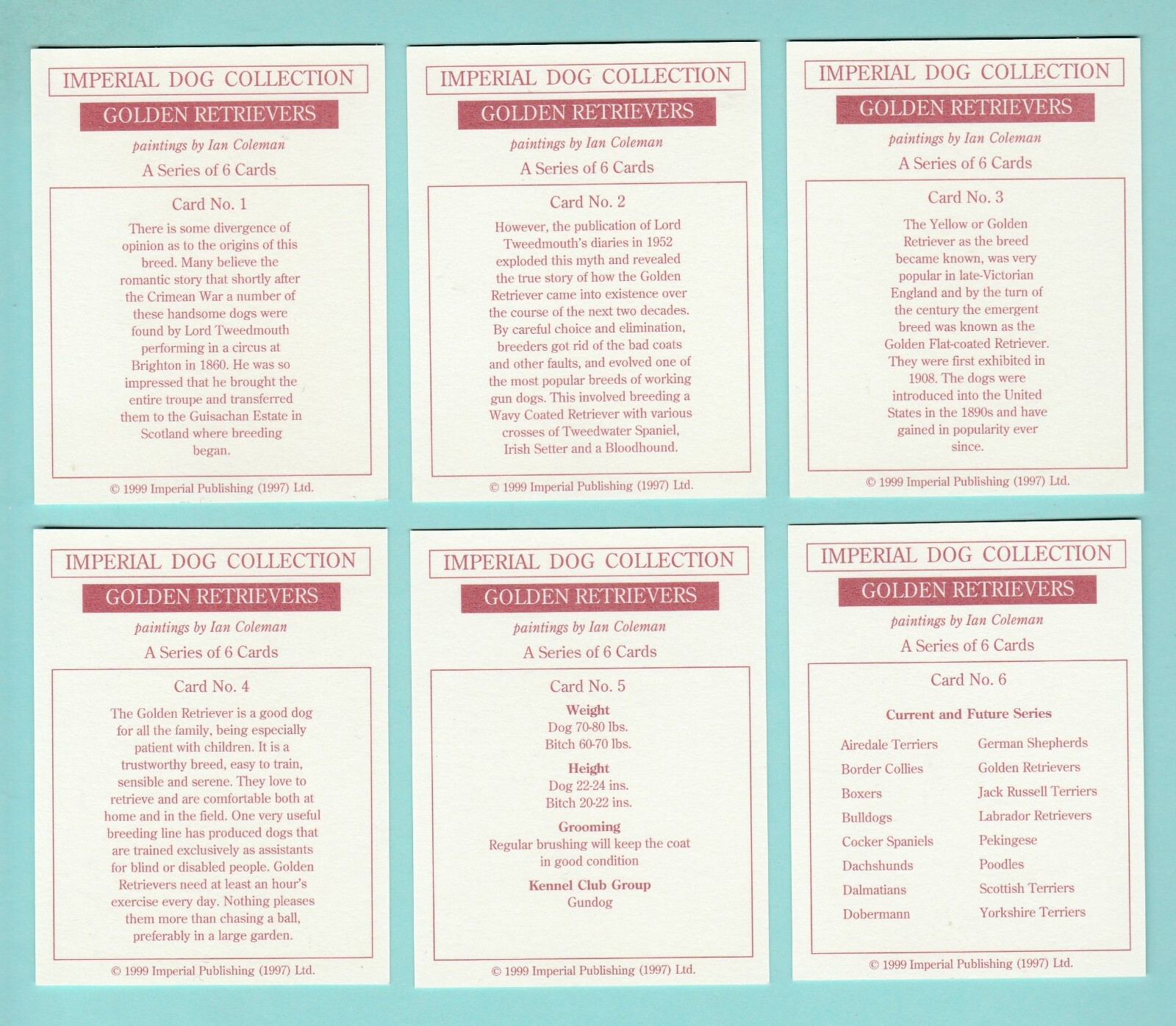DOGS - GOLDEN RETRIEVERS - SET OF L6 CARDS - IMP. PUBLISHING LTD. - 1999 - Picture 2 of 2