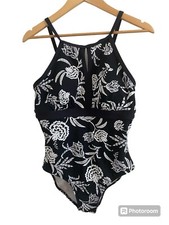 Lands End Womens Black Floral One Piece Swimsuit Size 10 Keyhole Summer Swim