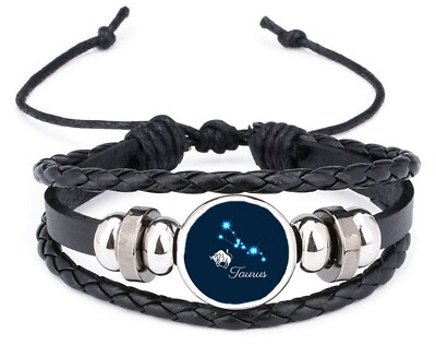 Stier Sternzeichen Sternbild schwarzes Lederarmband und Samt Geschenktüte