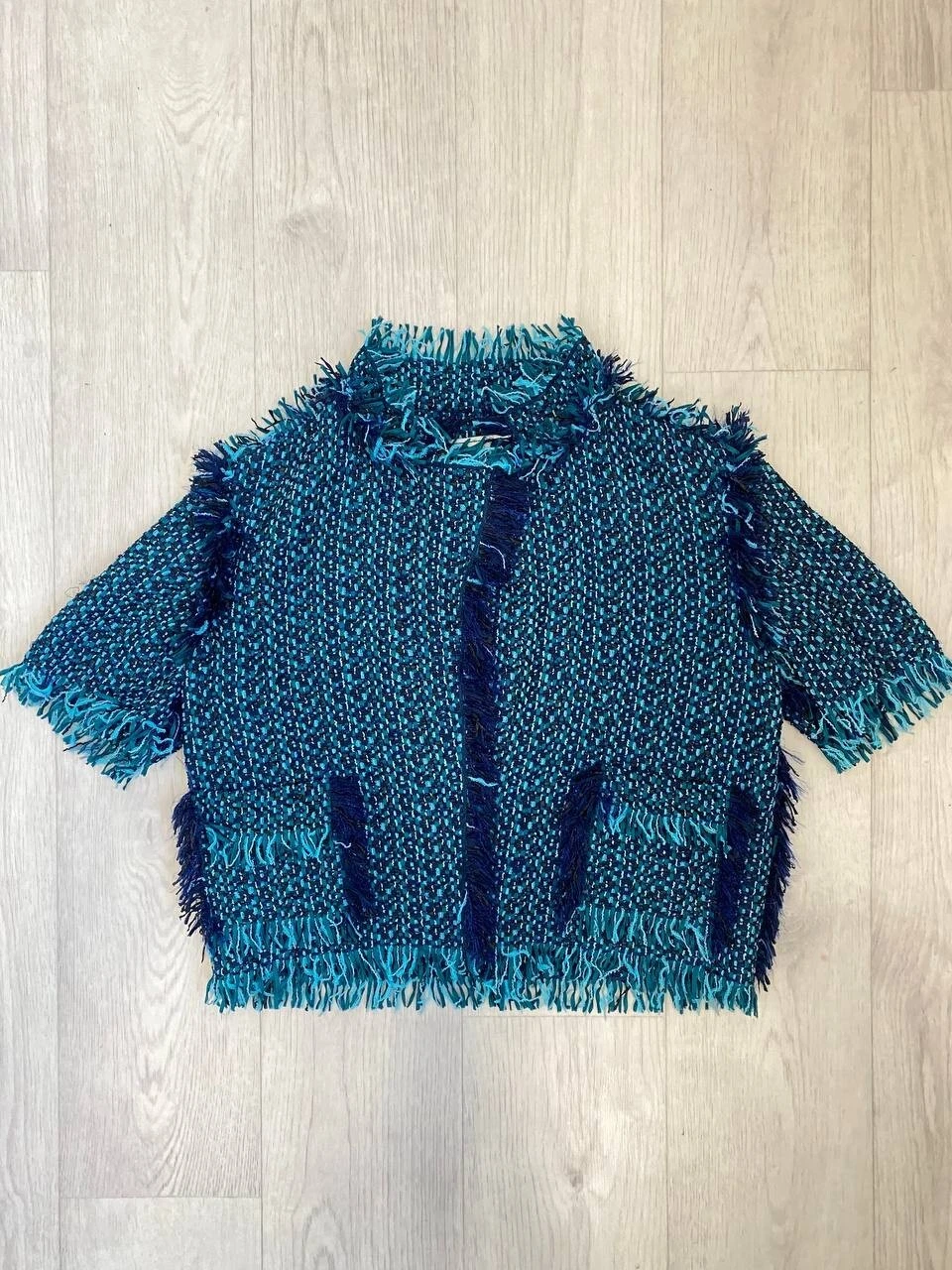 Lanvin — Lanvin 2013 Fringe Jacket Turquoise Blue Woven Tweed Raw Edge Womens size 38