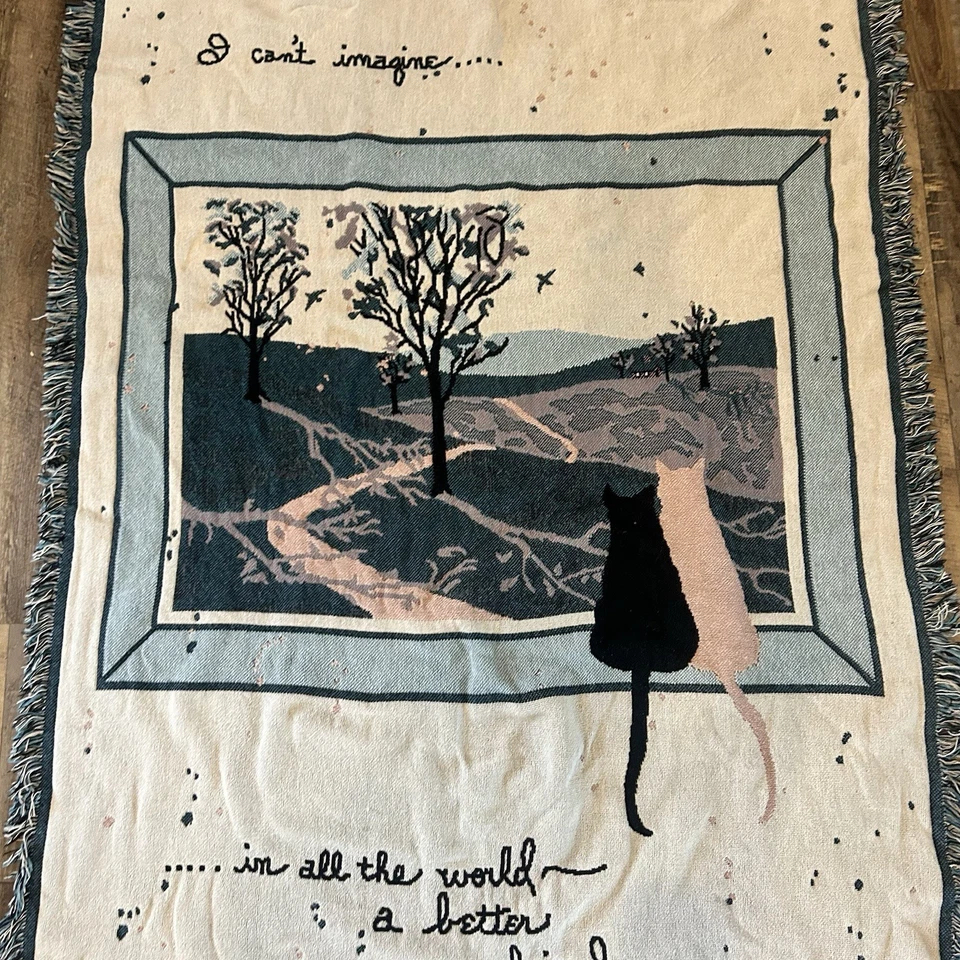 Manta tapiz tejido flecos árbol vintage años 90 D. Morgan gatos 70x49 Foto 3 de 4