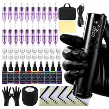 Wireless Rotary Tattoo Machine Makeup Pen W/20Pcs Cartridge Needles Kit 1300mAh