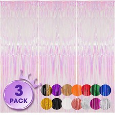 3 Pack 3.3x8.2 Feet Iridescent Transparent Foil Fringe Backdrop Curtains, Tin...