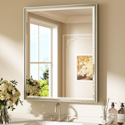 Brushed Nickel Rectangular Bathroom Mirror - Tempered Glass, Beveled Edge