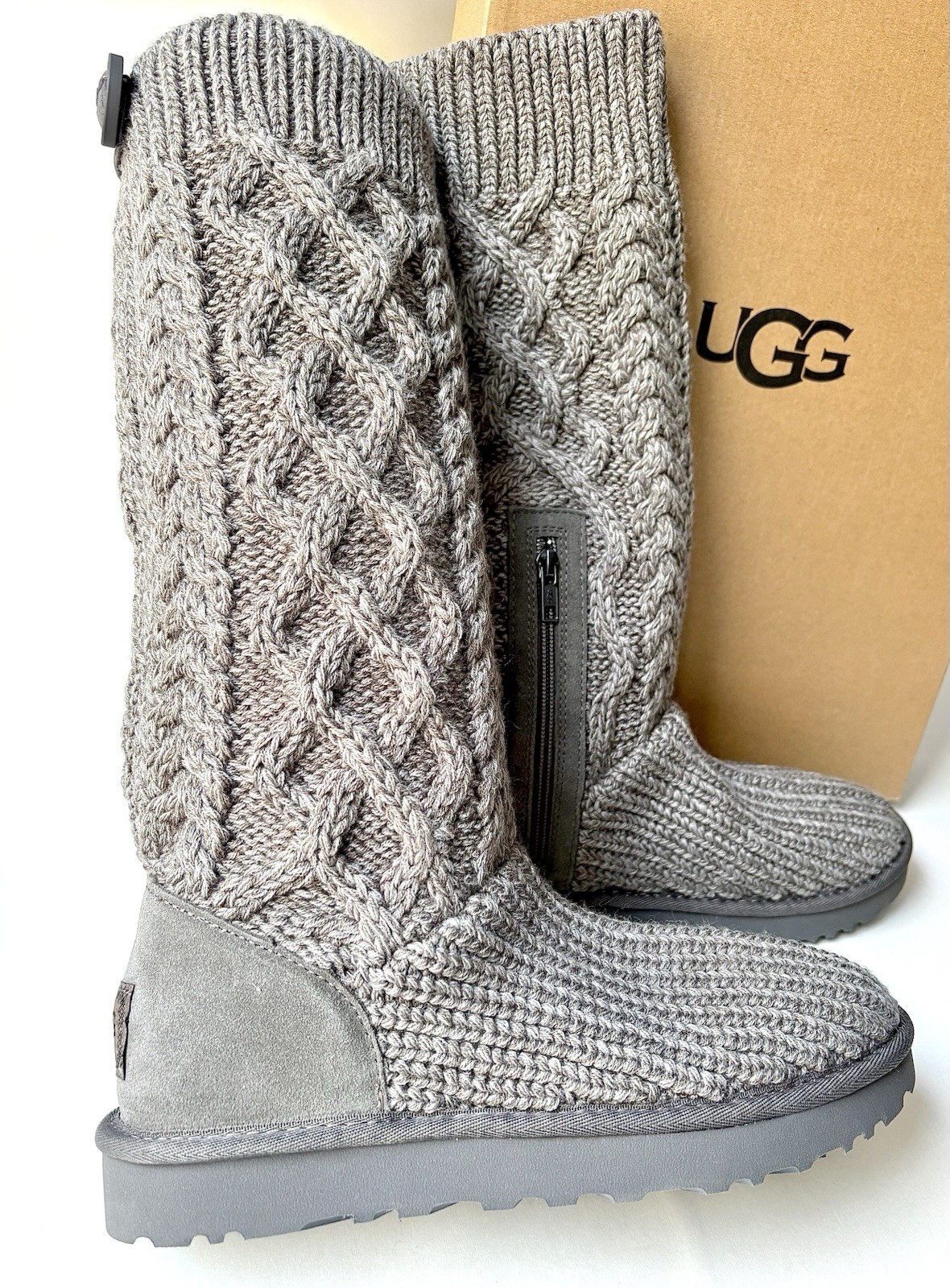 New UGG® Women's 1146010 Classic Cardi Cable Knit Pull-On Boots, size 8, Gray