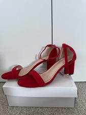 New Shein Red Heeled Sandals Size UK 8 EUR 42 - Faux Suede Block Heel Open Toe