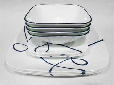 NEW 12-pc Corelle LIA SQUARE DINNERWARE SET Plates Bowls Navy Blue Curly Swirls