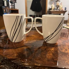 2  CORELLE Coordinates White/Black SIMPLE LINES Porcelain Coffee Cups