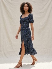 Commense Floral Midi Dress XL Womens Black Blue Puff Short Sleeve Slit Ruffle
