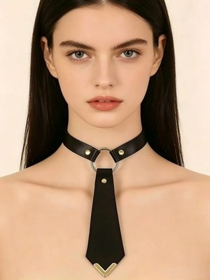 Choker Tie-Style Leather Sexy Collar with Round Ring Pendant