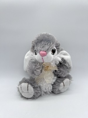 Dan Dee Grey Bunny Gold Ribbon Bow Floppy Ears Rabbit Plush Embroidered Eyes