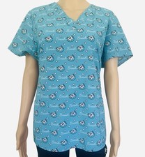 Print by Maevn medical scrub top L short sleeve  Vneck pocket blue tooth print