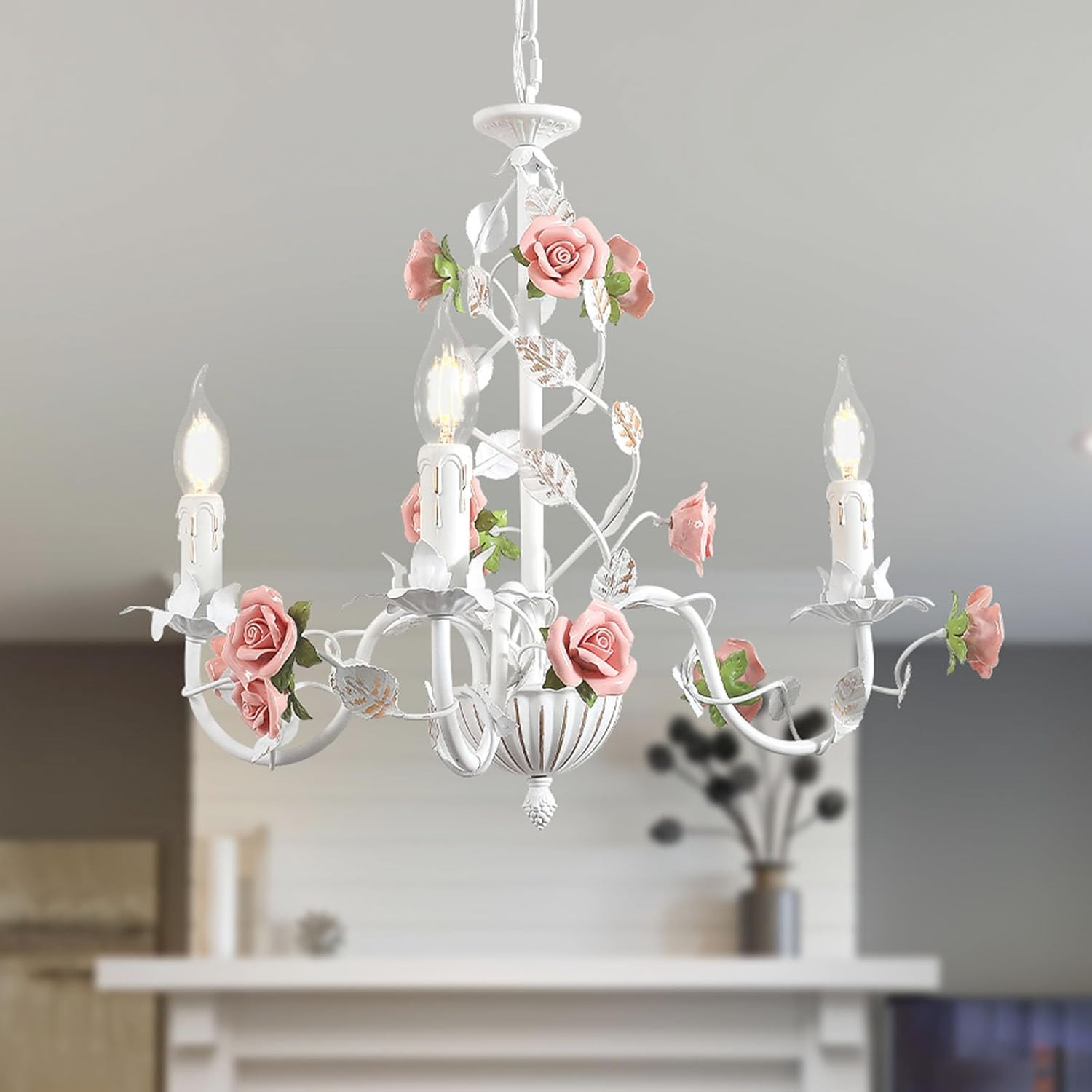 Vintage Floral Chandelier, White Metal Pendant Light with Pink Roses, 3 Light
