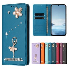 For iPhone Phone Case 3D Diamond Girl Genuine Leather Flip Wallet Stand Cover
