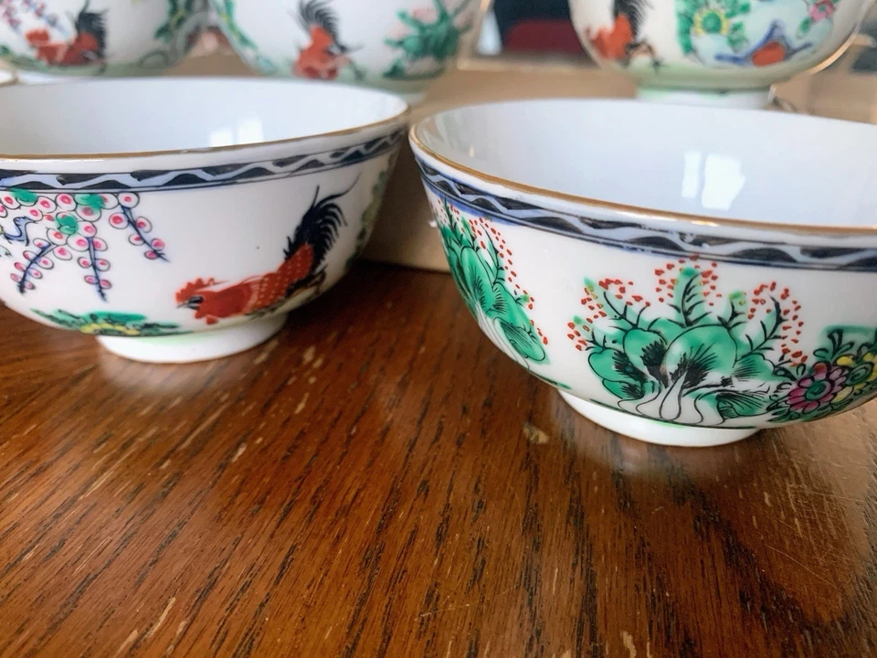 Antiguo gallo chino pintado a mano tazas de té de porcelana - años 40 - juego de 6 Foto 3 de 4