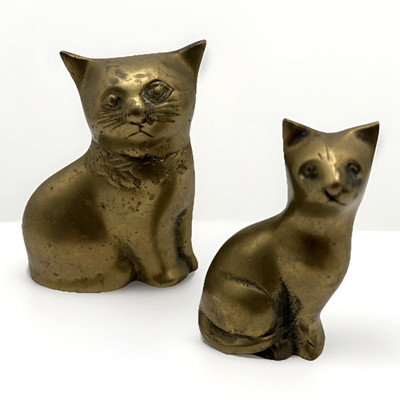 Vtg Solid Brass Cat Figurine 4'' & 3'' MCM Animal Statues Bow Tie Korea Pair of 2