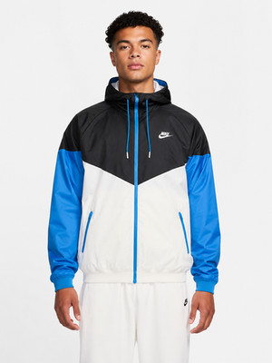 Nike NSW Windrunner Jacket Mens S Black White Blue Hooded Full Zip Windbreaker