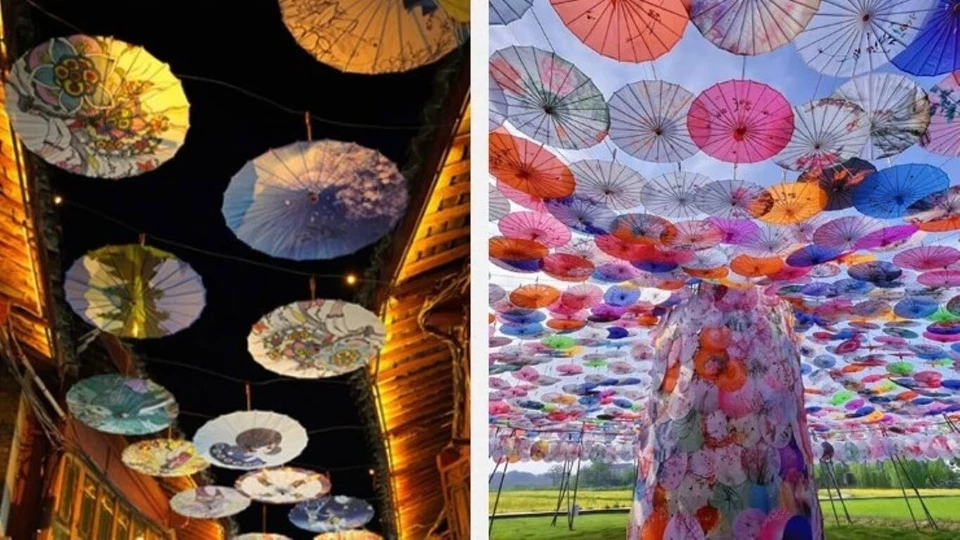 Paraguas chino tradicional en flor de cerezo Foto 4 de 4