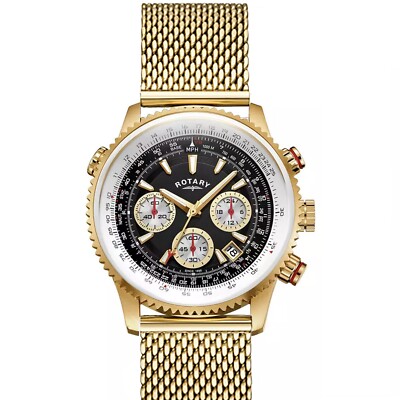 Rotary GS03008/04 Men's Black White Dial Gold Stainless Mesh Bracelet Watch