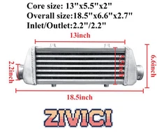Overall 18.5"x6.6"x2.7" UNIVERSAL ALUMINUM INTERCOOLER In/outlet 2.2"