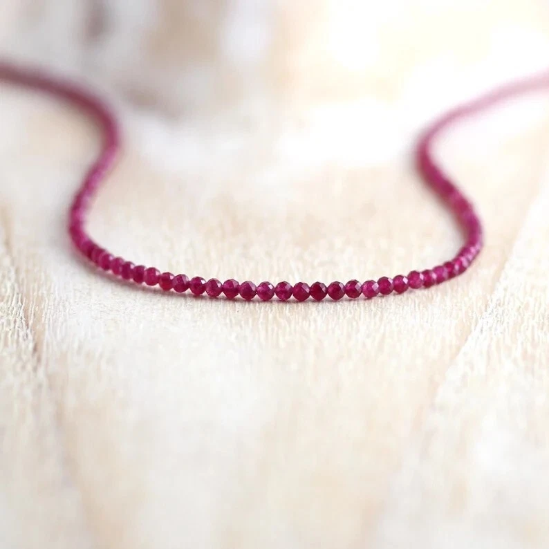 Gargantilla Rubí Natural 2mm Cristal Piedras Preciosas Cuentas Delicadas Gargantilla Collar Minimalista Foto 4 de 4