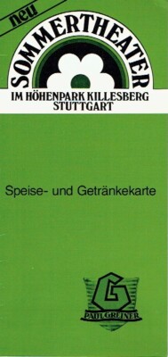 Sommertheater Killesberg Stuttgart Speisekarte Getränkekarte um 1985