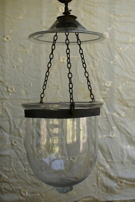 Antique Anglo Indian Bell Jar Lantern Hundi Belgian Lamps Glass Suspendu Old''F47
