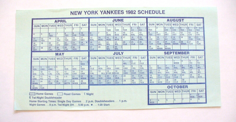 MLB - New York Yankees "1982" Paper Schedule - VINTAGE - EXCELLENT