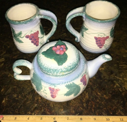 8-oz Studio Art Pottery -Set of 2 Mugs 1 Pot -Hand Made -Glazed -Coffee Tea Cup