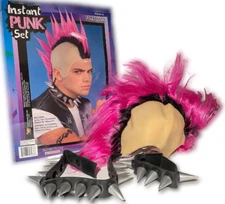 INSTANT PUNK SET Pink Hair Bald Head Mohawk Clown Wig Rubber Spiked Choker Wrist