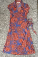 Monteau Floral Paisley Print Blue Red Wrap Small Tie Waist Collared Cap Sleeve