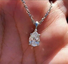 Certified Moissanite 3Ct Pear Cut Solitaire Pendant 14k White Gold Plated Silver