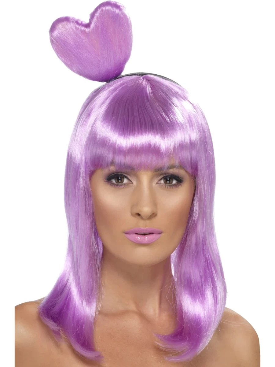 Katy Perry Wig Long Lilac With Heart Headband Ladies Celebrity Fancy Dress