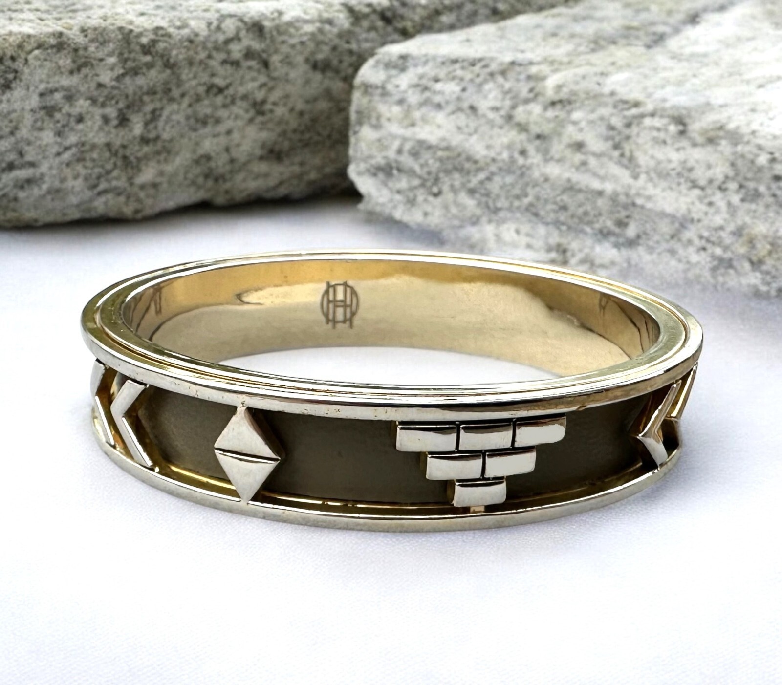 House of Harlow 1960 Aztec Khaki Leather Gold Tone Bangle Bracelet