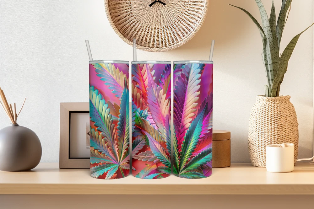 Tumbler Skinny 20oz  w/ Lid & Straw  Weed Leaf Cannabis Marijuana 420