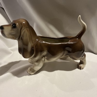 VTG Ceramic Basset Hound Dachshund Wiener Dog Large Glossy Brown Puppy Planter