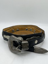 Vintage Al Beres WAGE Sterling Overlay Western Belt Black Lizard Leather USA