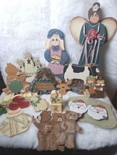 Large Wooden Cottagecore Lot Primitive Country Farmhouse Angel Bunny Santa Cow