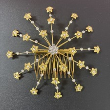 Rhinestone Star burst Hair Comb Gold Tone