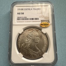 1918-R Eritrea Silver Tallero KM#5 NGC AU58 WINGS Label Kingdom Of Italy