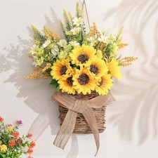 Sunflower Basket Wreath for Front Door - Handwoven Rattan Wreath with