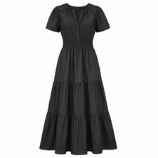 Quince Tiered Maxi Dress Womens M Black Organic Cotton Smocked Waist