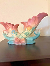Hull Pottery Double Cornucopia Vase Bow Knot Pink and Blue