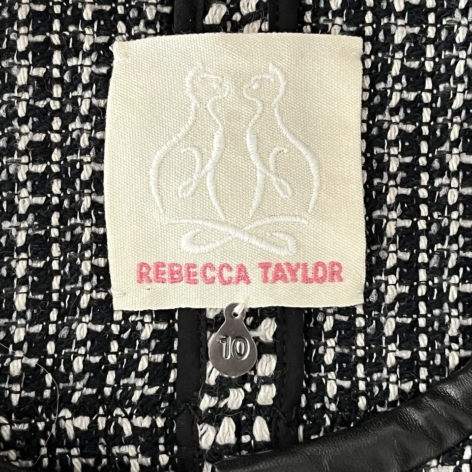 Rebecca Taylor Cotton-Wool B&W Tweed Lamb Leather Trim Zip Jacket Blazer 10 - Image 3 of 4