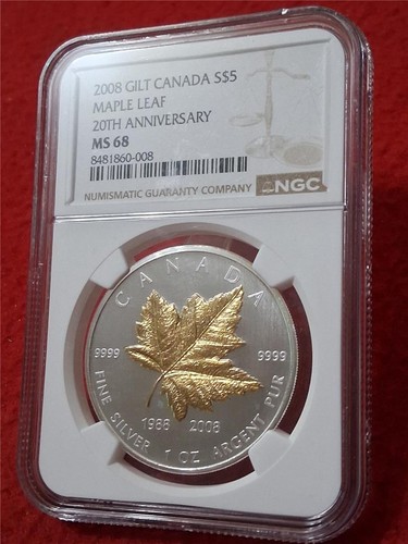 2008 GILT CANADA S$5 SILVER MAPLE LEAF 20th ANNIVERSARY NGC MS 68 #MF-2650