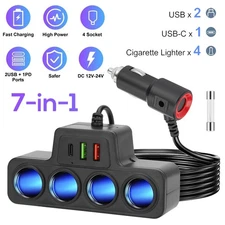 7-in-1 4Way Car Cigarette Lighter Socket Splitter Fast Charger Power Adapter 12V