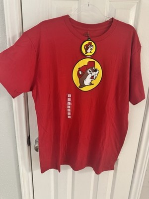 NWT Bucees Graphic Shirt Mens Red Yellow Texas Beaver Logo 100% Cotton Sz L
