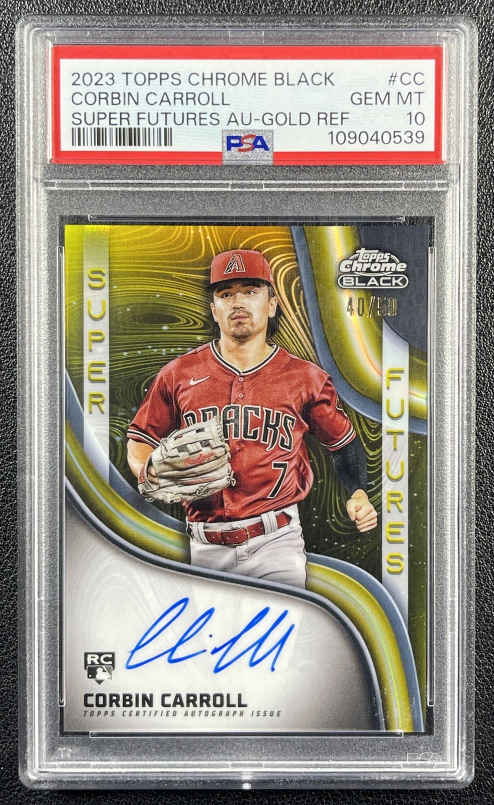 CORBIN CARROLL PSA 10 2023 TOPPS CHROME BLACK SUPER FUTURES AUTO GOLD RC 40/50 view 1